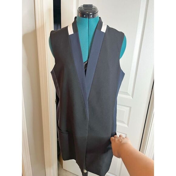 Elevenses Open Front Color Block Sleeveless Tailored Lined Pocket Tuxedo Vest - Picture 5 of 13